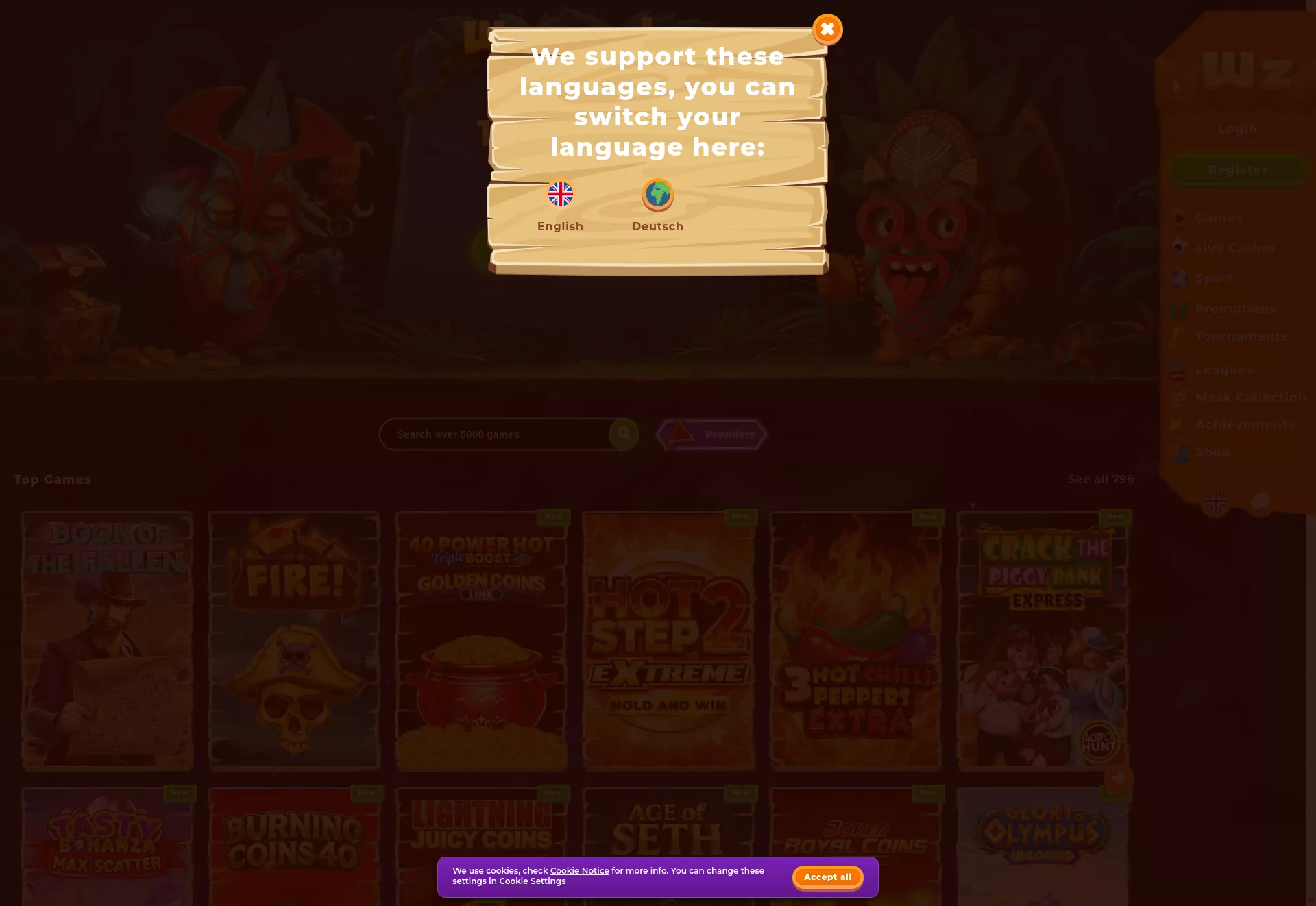 Desktop screen. Wazamba 100% bis zu €500 + 200 FS + 1 Bonus Crab