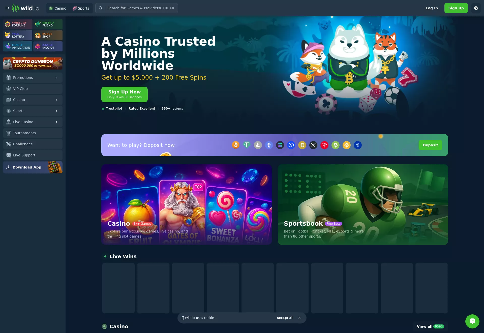 Desktop screen. Wild.io Casino Up to $3000 + 200 FS