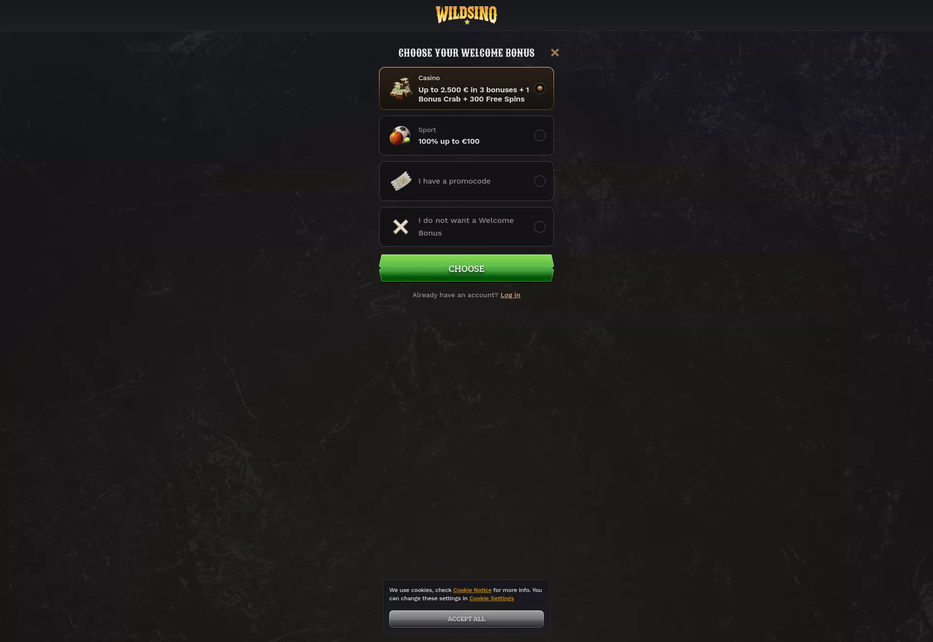 Desktop screen. Wildsino Up to $2500 + 300 FS + 1 Bonus Crab