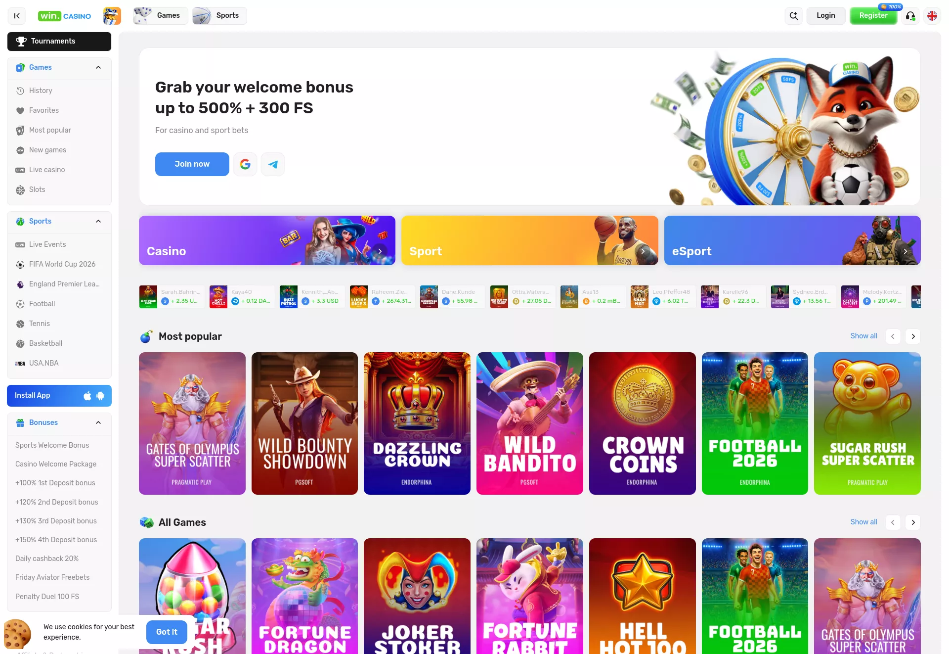Desktop screen. Win.Casino Up to $420000 + 200 FS