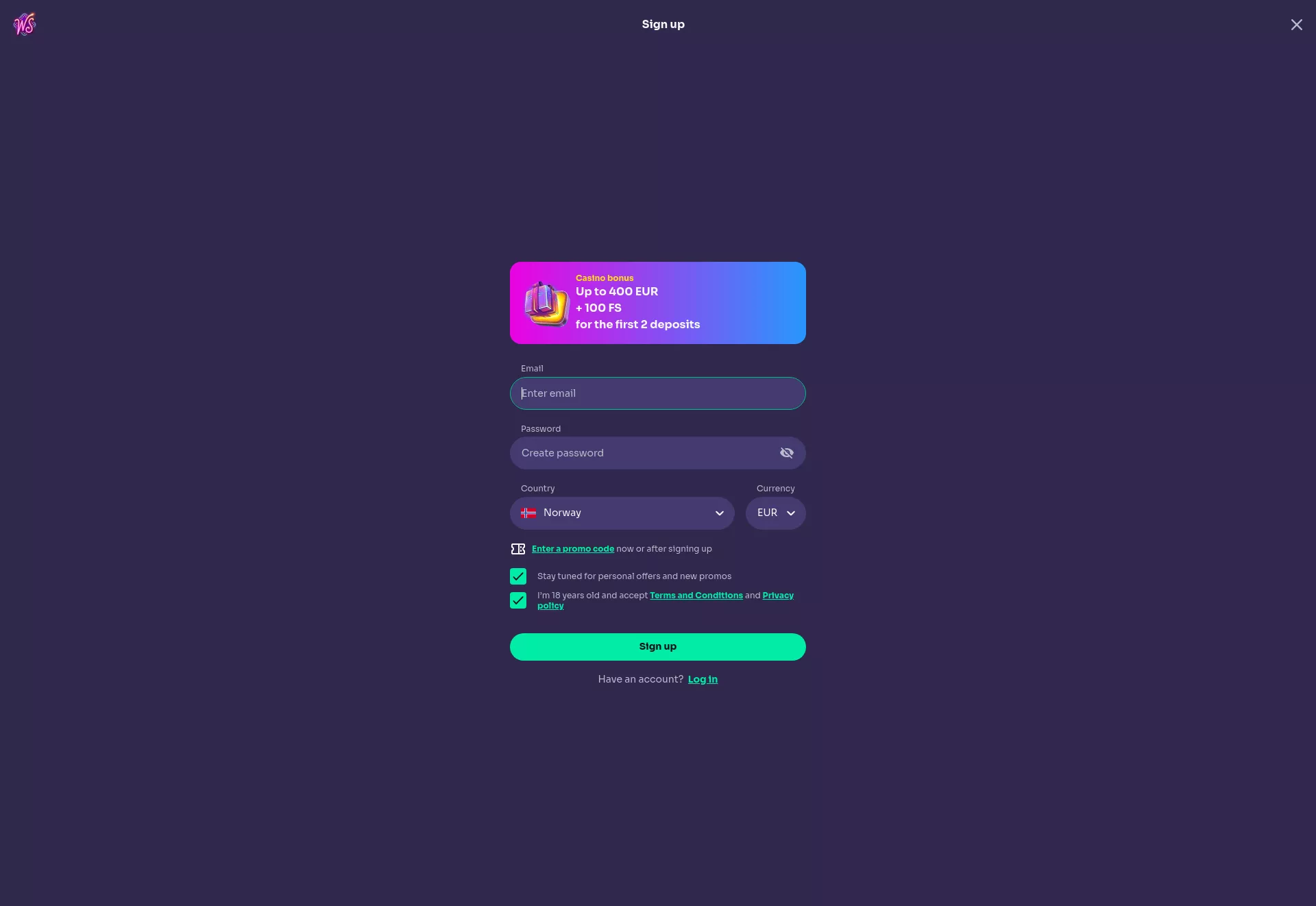 Desktop screen. Win Spirit Casino Up to €400 + 100 FS