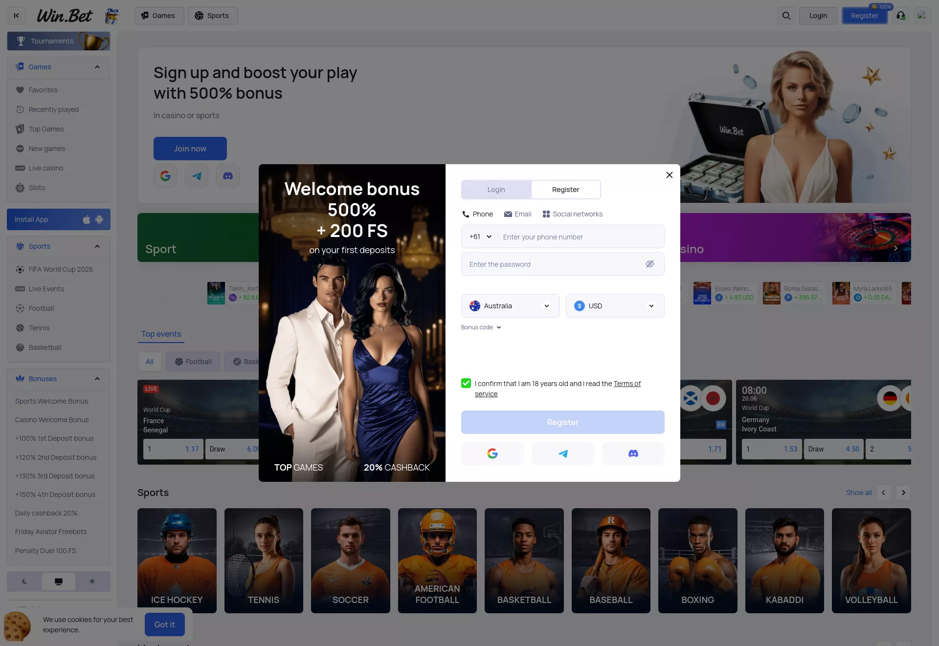 Desktop screen. Win.bet Up to $5000 + 200 FS