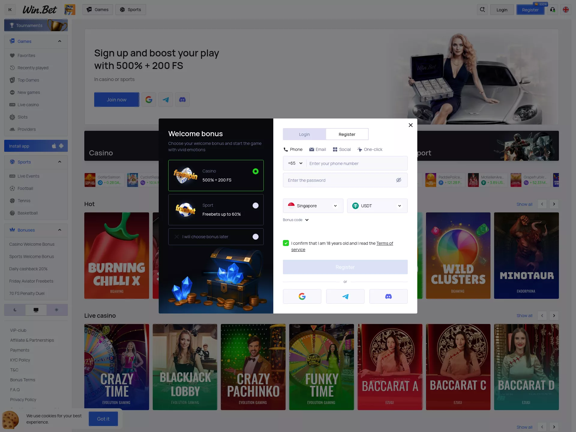 Desktop screen. Win.bet Up to ₹200,000 + 300 FS
