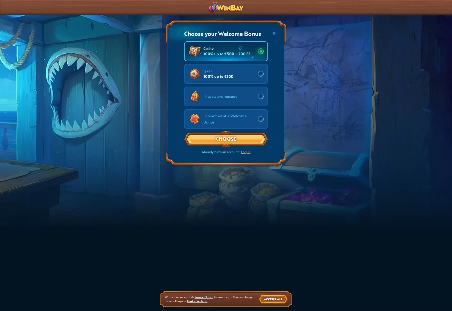 Desktop screen. WinBay Casino 100% up to $500 + 200 FS