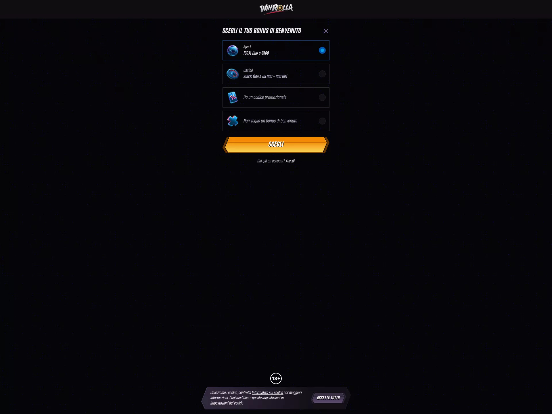 Desktop screen. WinRolla Fino a €8000 + 300 FS + 1 Bonus Crab