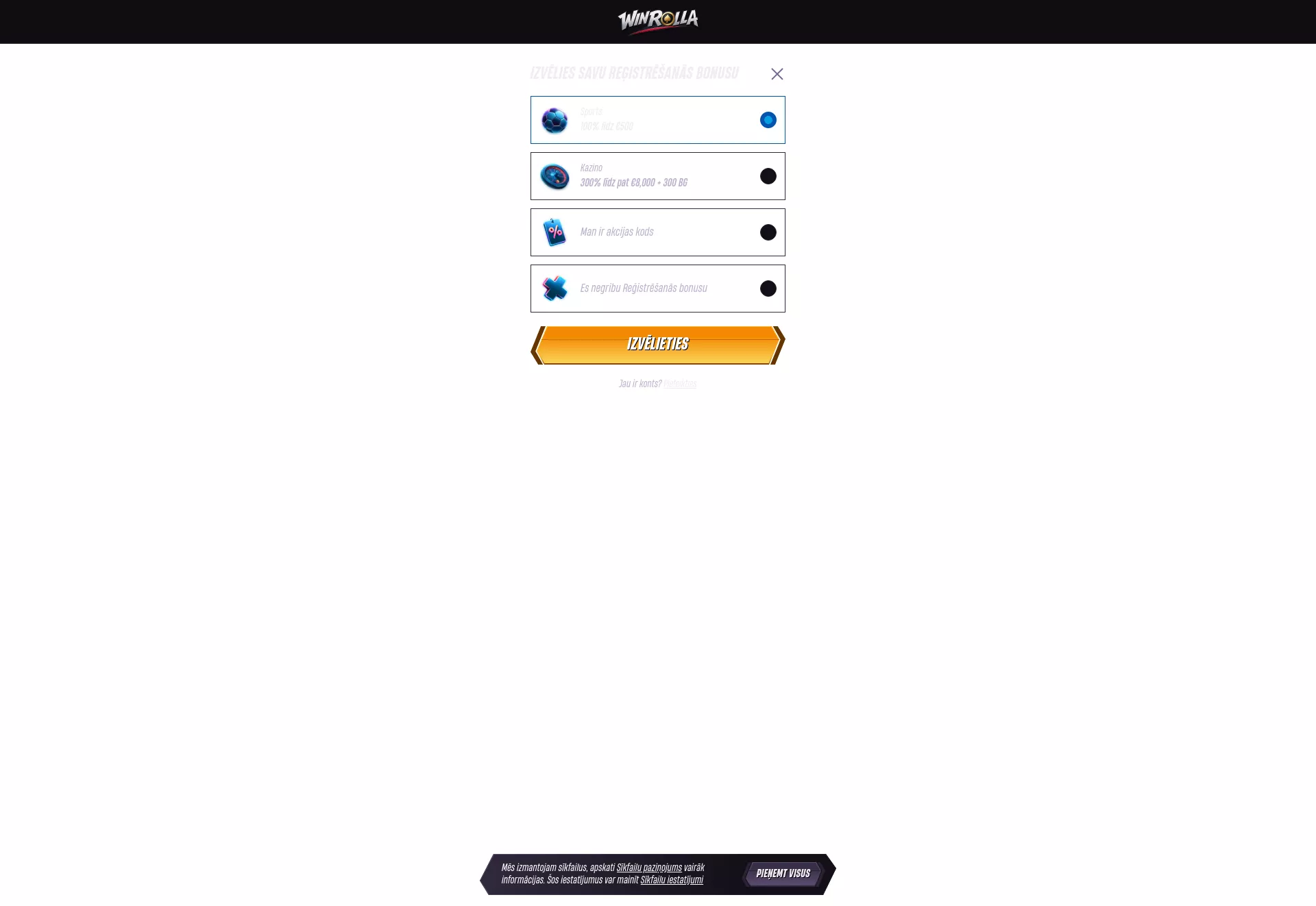 Desktop screen. WinRolla Up to €8000 + 300 FS + 1 Bonus Crab