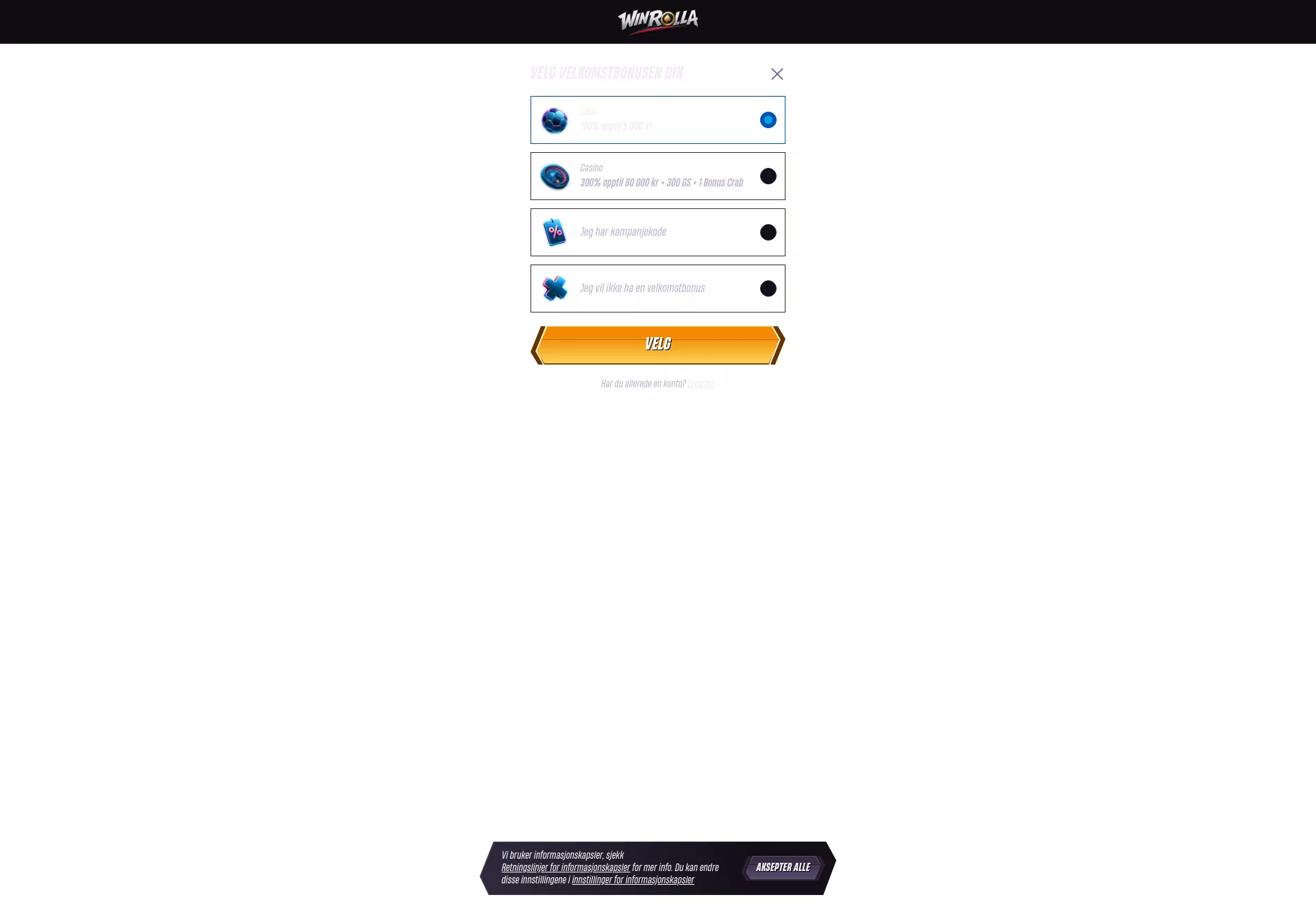 Desktop screen. WinRolla Up to kr80000 + 300 FS + 1 Bonus Crab