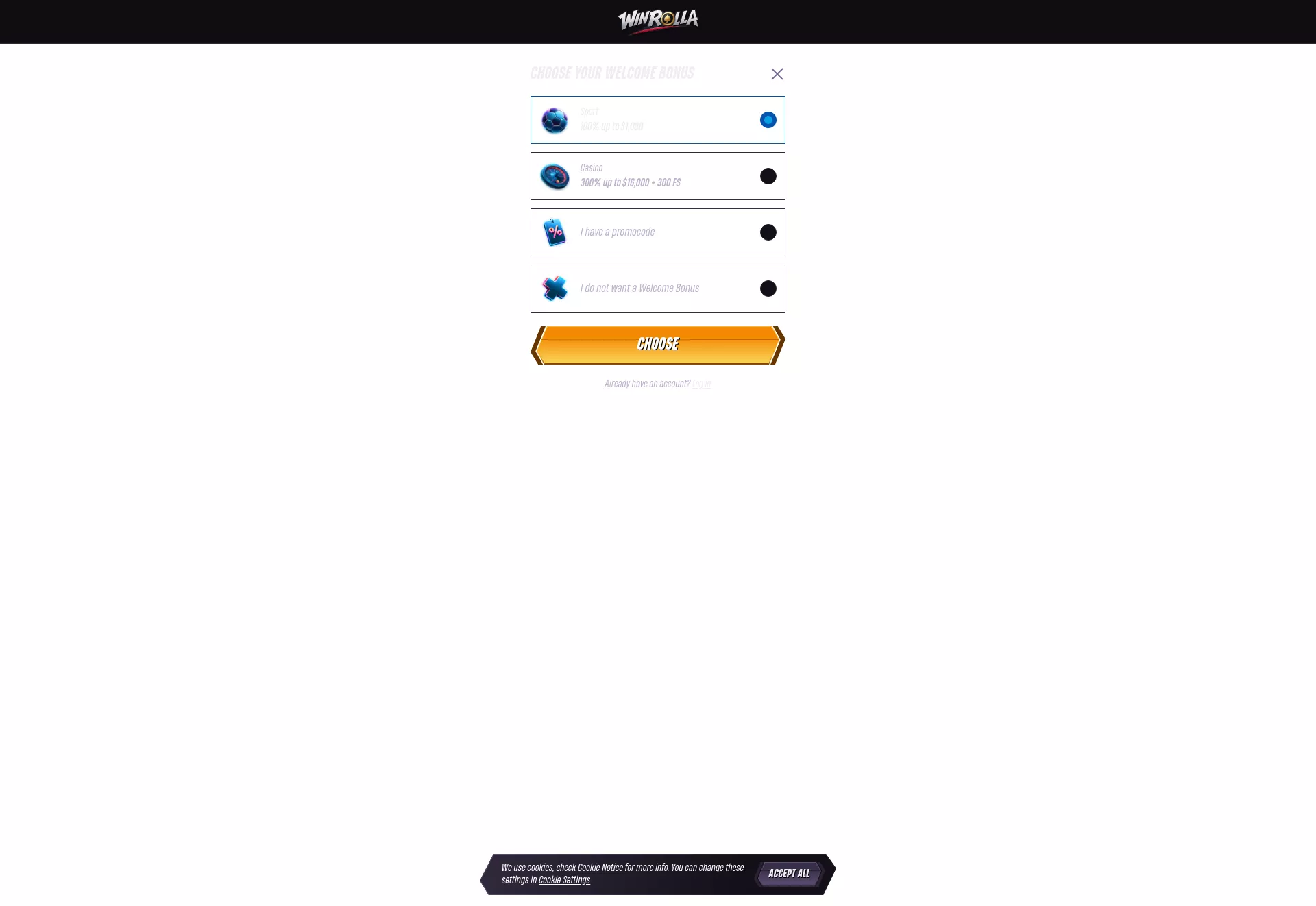 Desktop screen. WinRolla Up to NZ$16000 + 300 FS + 1 Bonus Crab