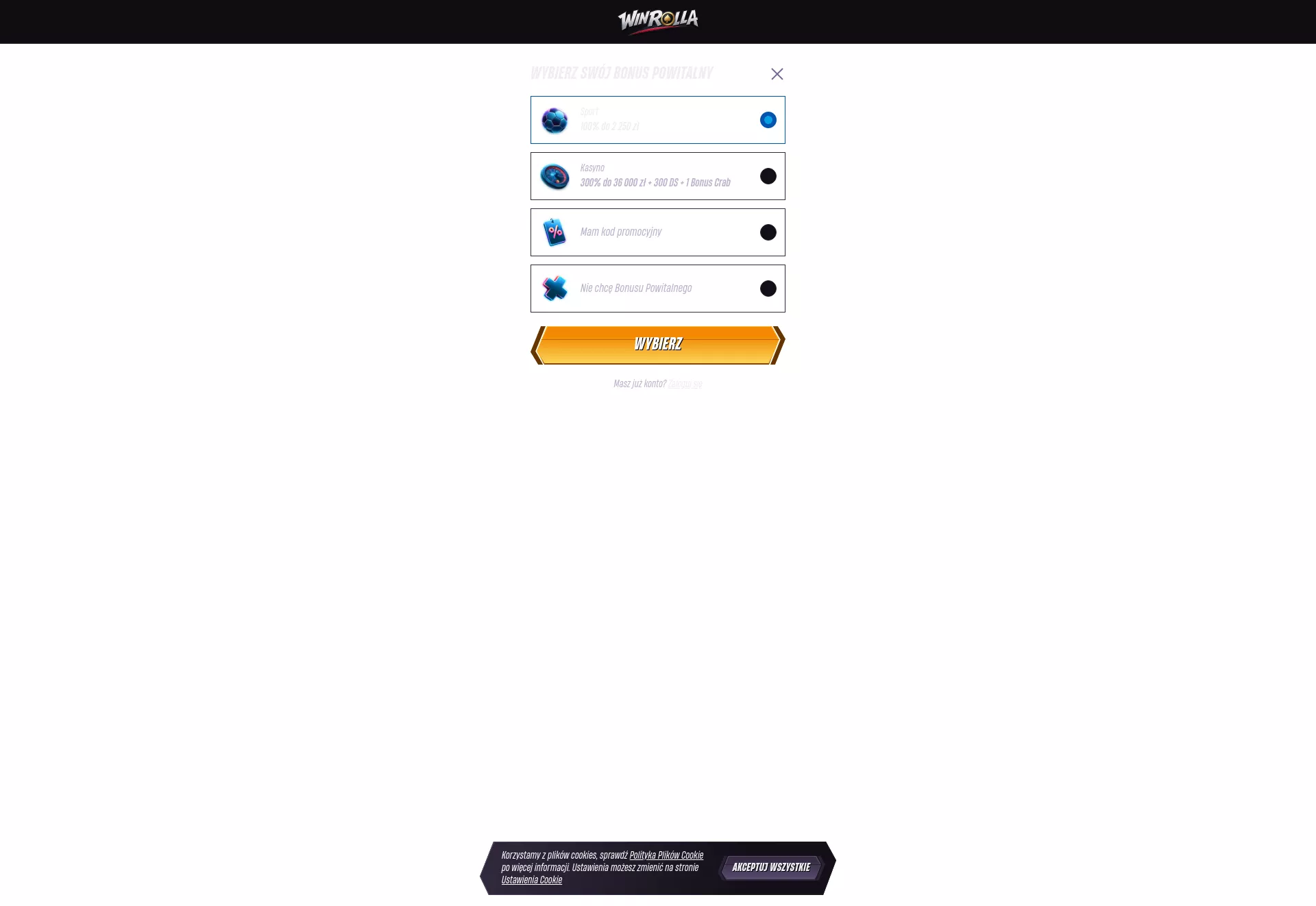 Desktop screen. WinRolla Up to zł36000 + 300 FS + 1 Bonus Crab