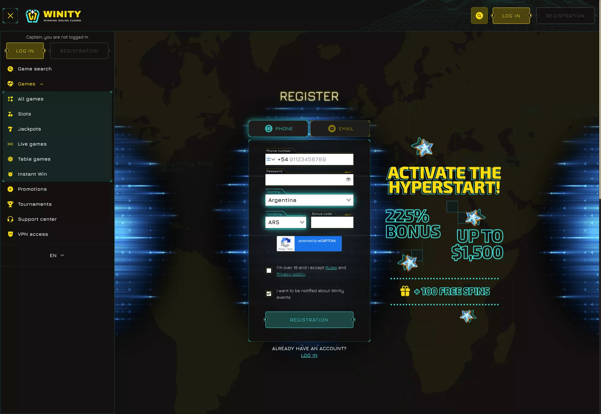 Desktop screen. Winity Up to $1500 + 100 FS