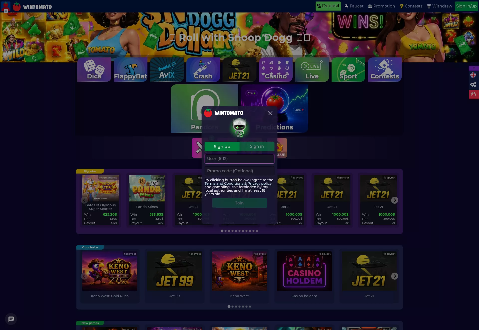 Desktop screen. Wintomato Casino Up to $1750 + 490 FS