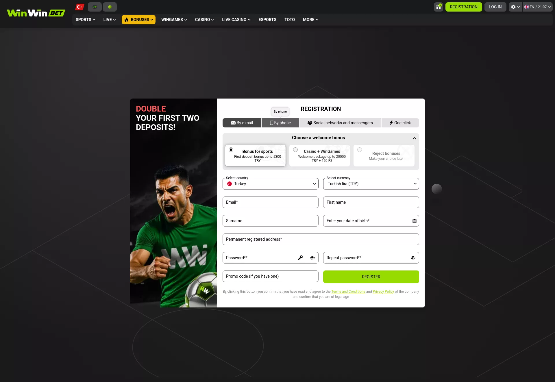 Desktop screen. WinwinBet Up to ₺20000 + 150 FS