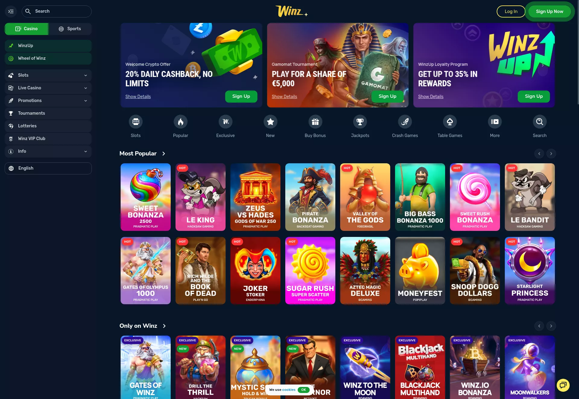 Desktop screen. Winz Up to $10000