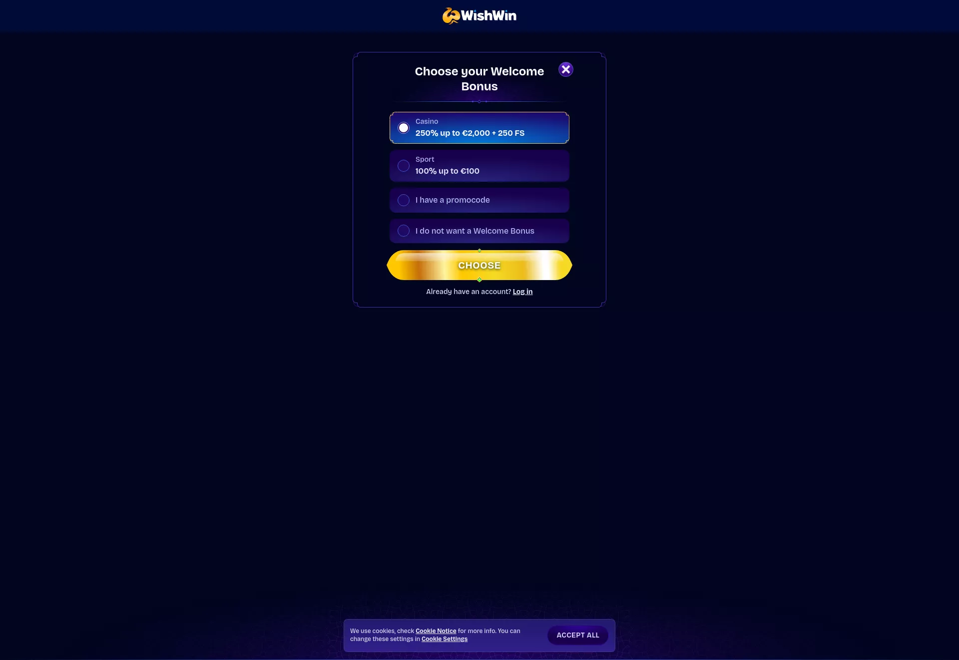 Desktop screen. WishWin Casino Up to $3000 + 400 FS + 1 Bonus Crab