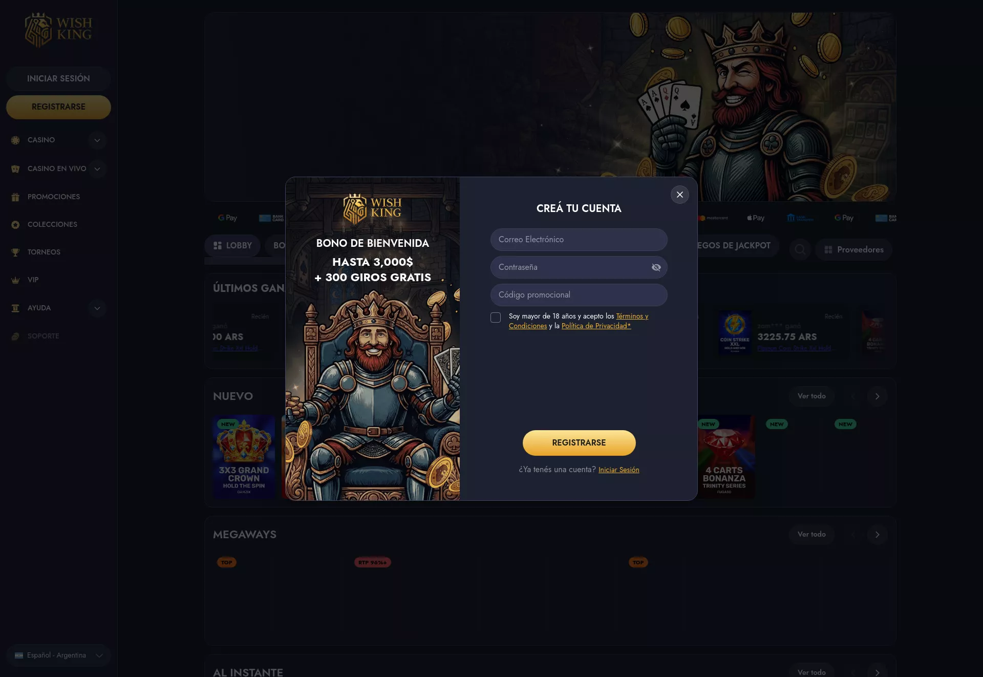 Desktop screen. Wishking Casino Up to $4000 + 225 FS