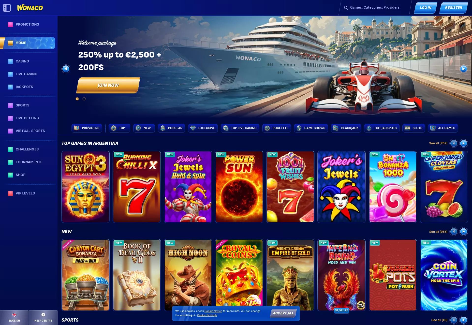 Desktop screen. Wonaco Casino 50% up to $700 + 50 FS