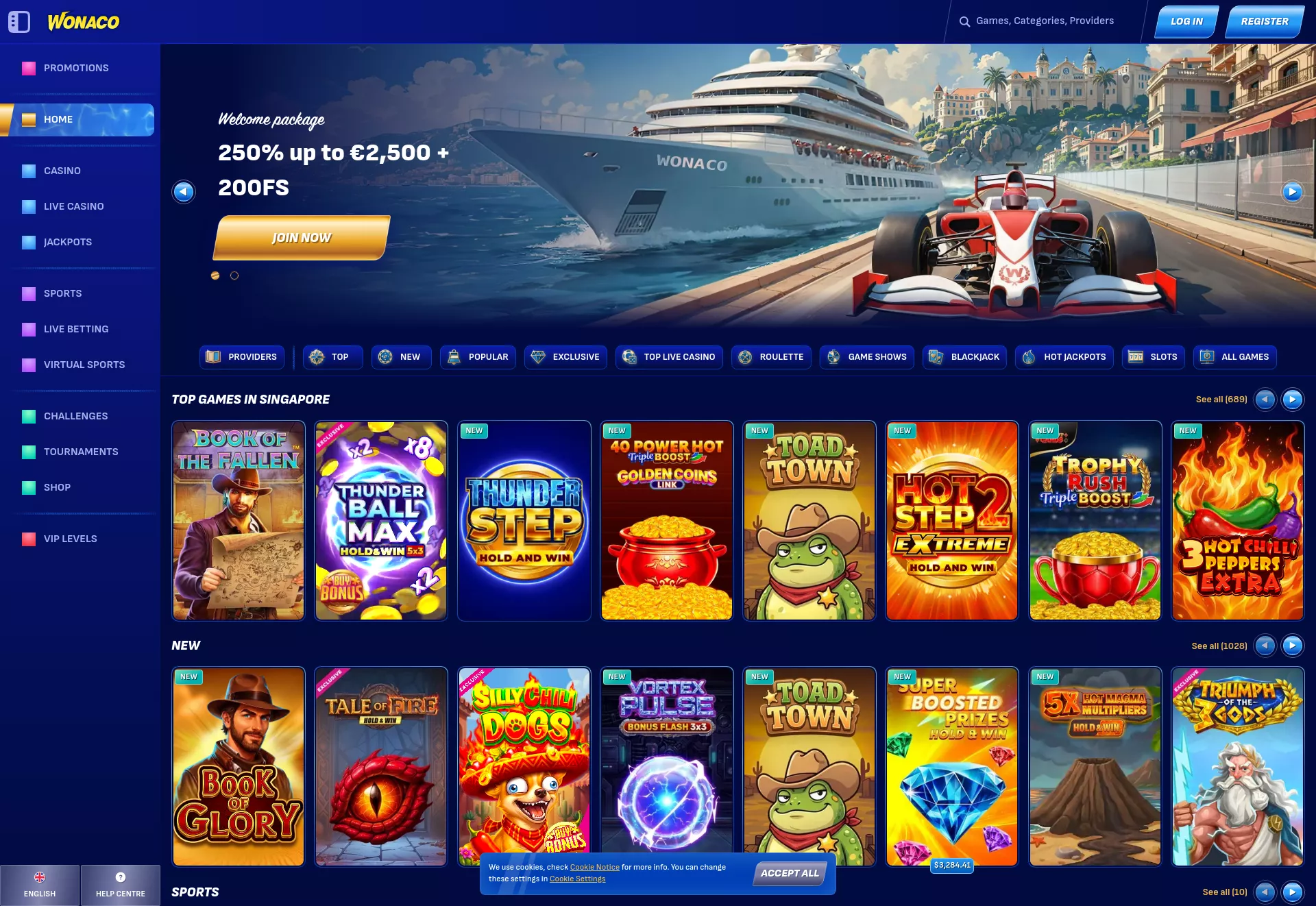 Desktop screen. Wonaco Casino Up to $2500 + 200 FS + 1 Bonus Crab