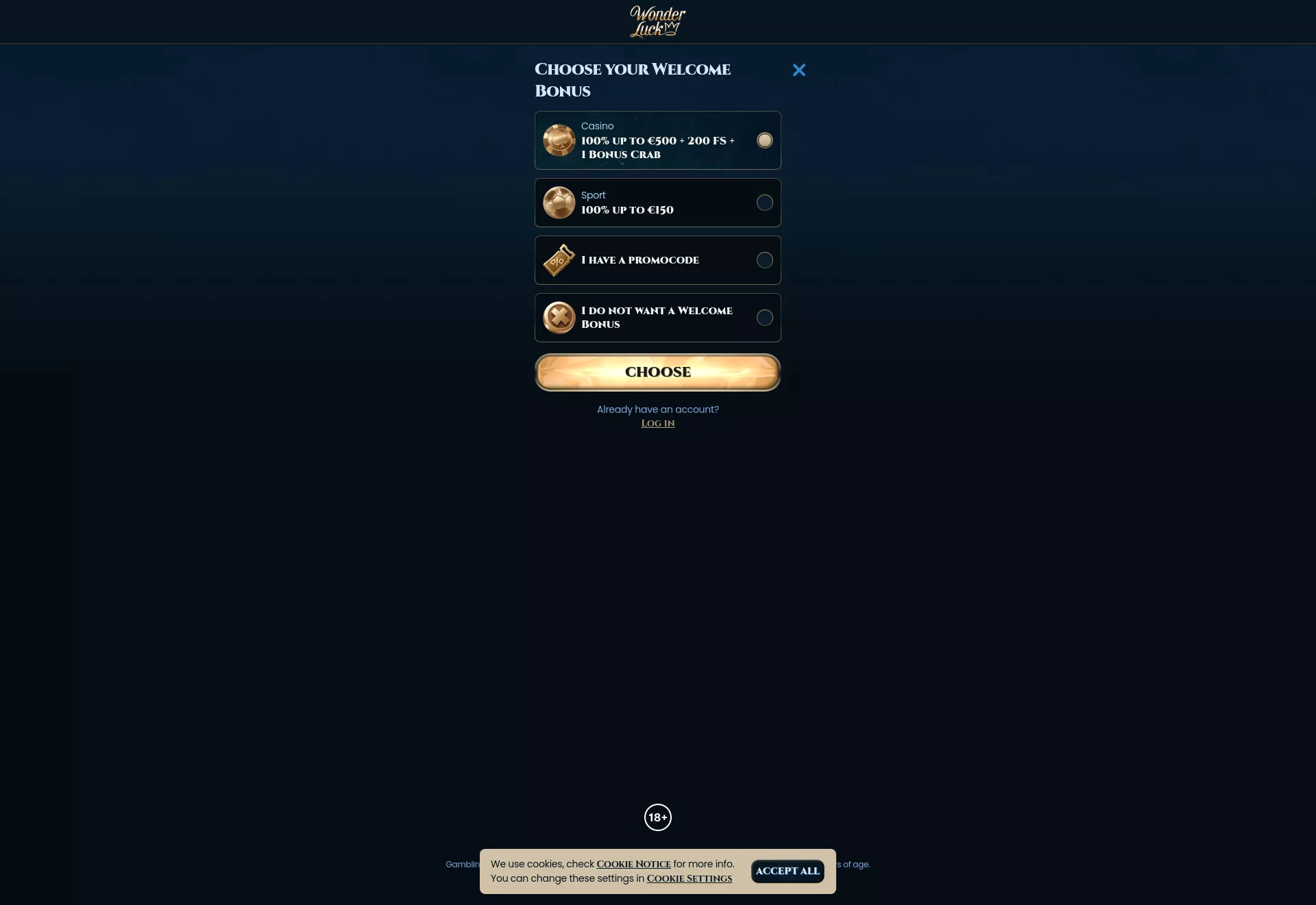 Desktop screen. Wonder Luck 100% up to $500 + 200 FS + 1 Bonus Crab