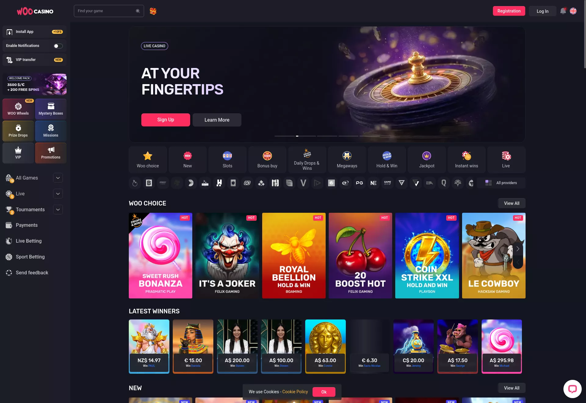 Desktop screen. Woo Casino Up to $3500 + 200 FS