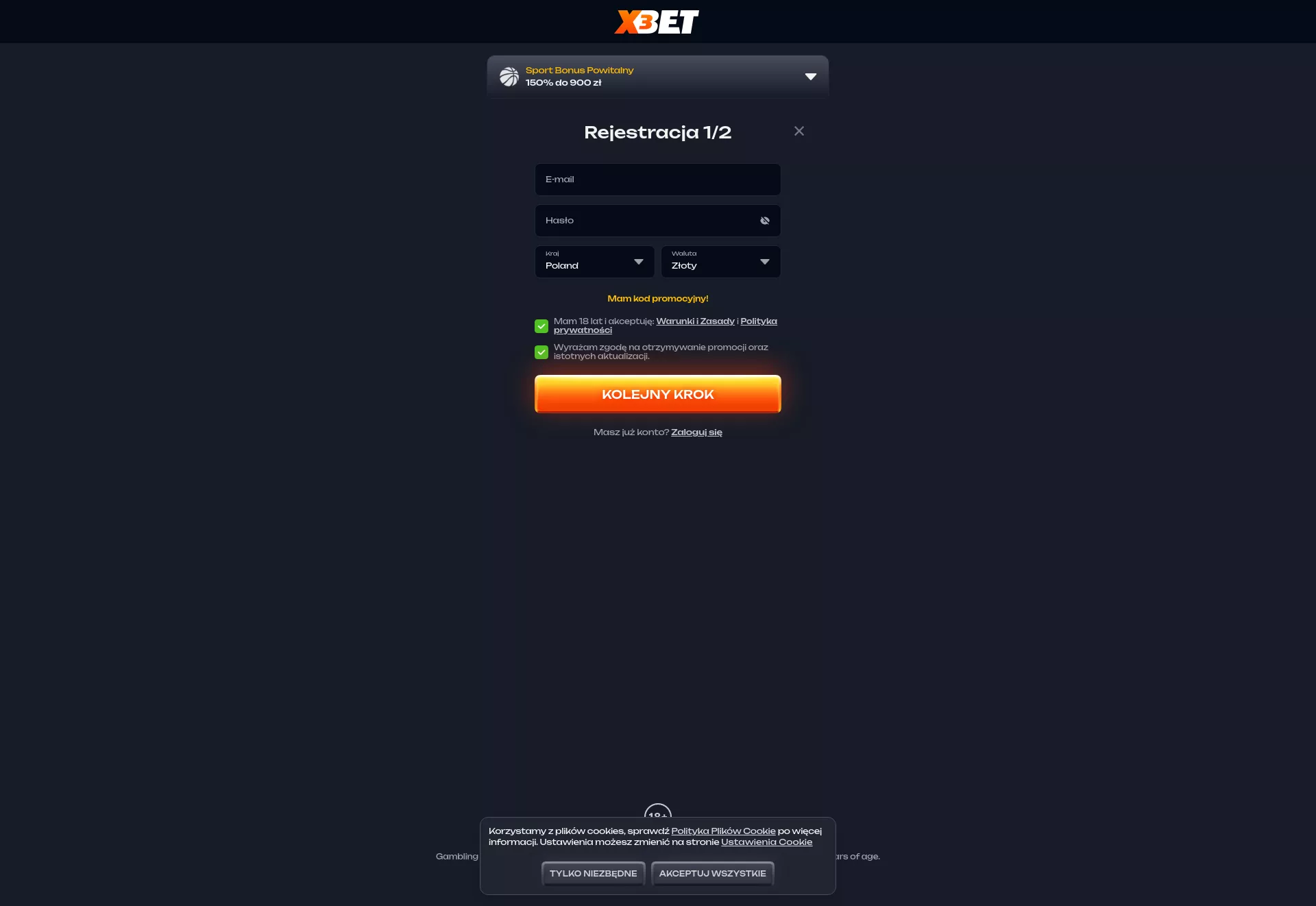 Desktop screen. X3bet 100% up to zł2700 + 200 FS