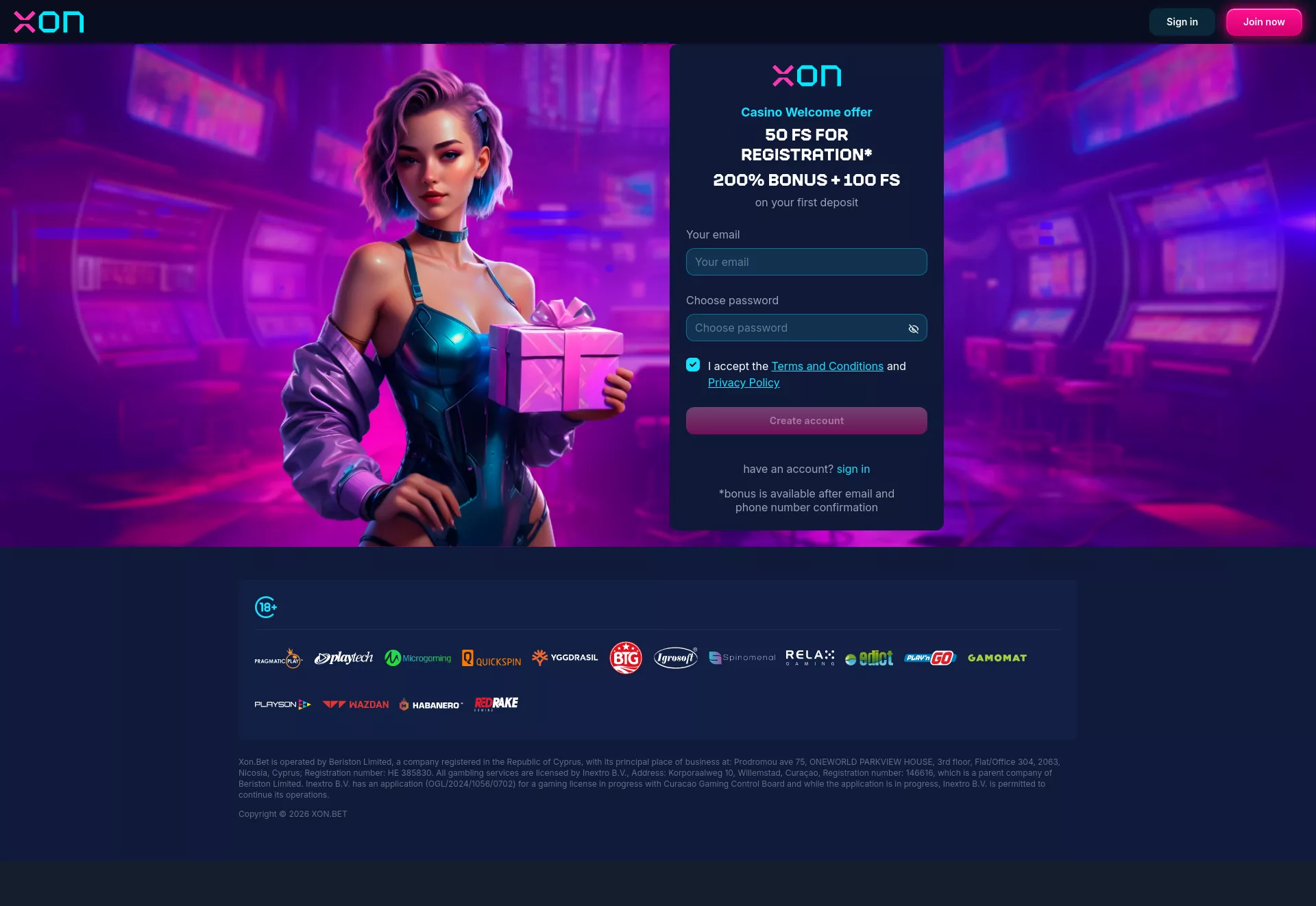 Desktop screen. XON.BET Casino Get 50 FS