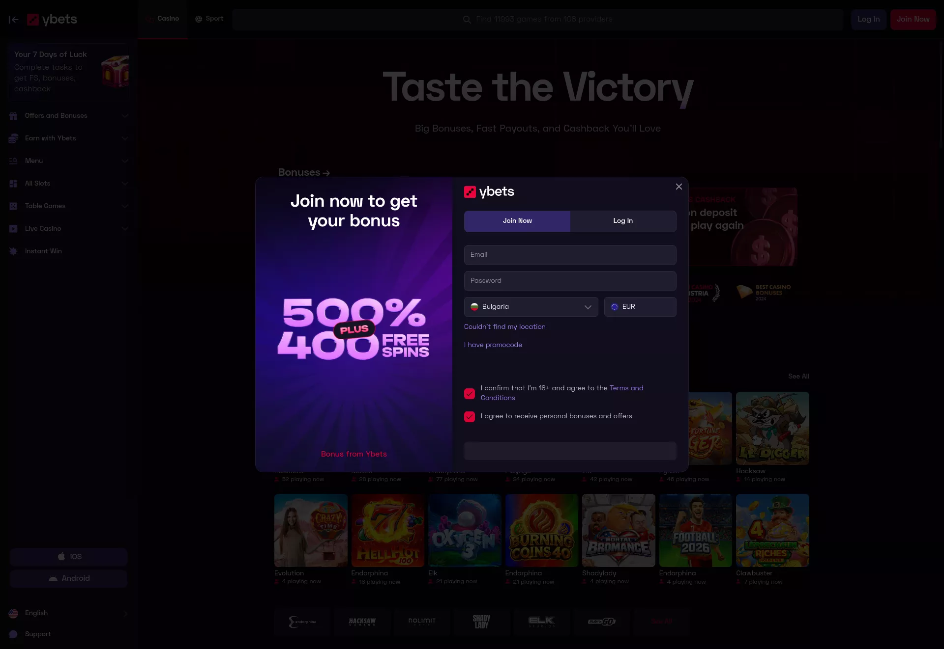 Desktop screen. Ybets Up to €8000 + 400 FS