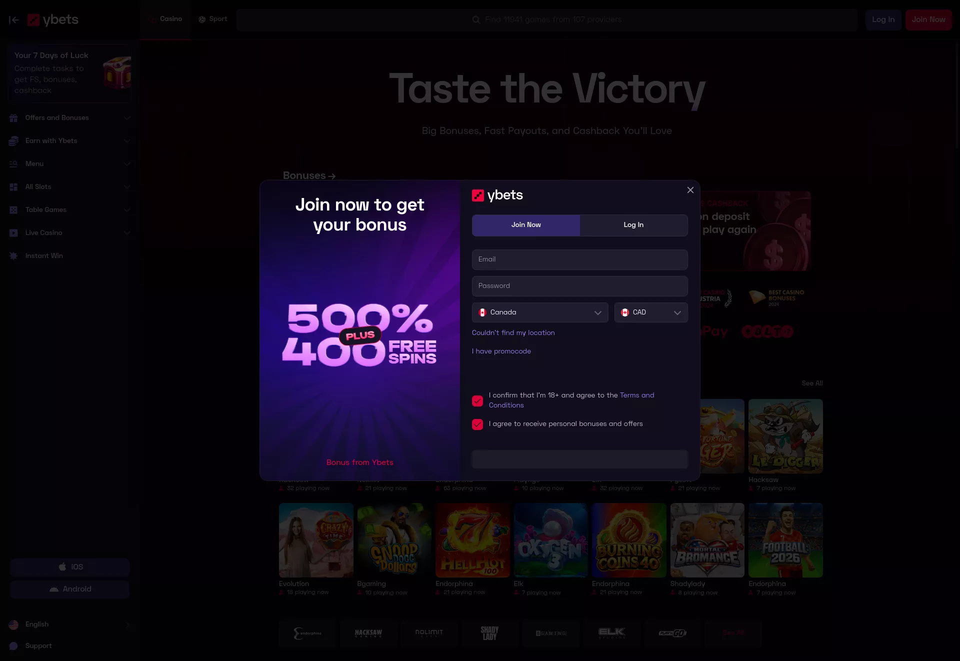 Desktop screen. Ybets Up to $8000 + 400 FS