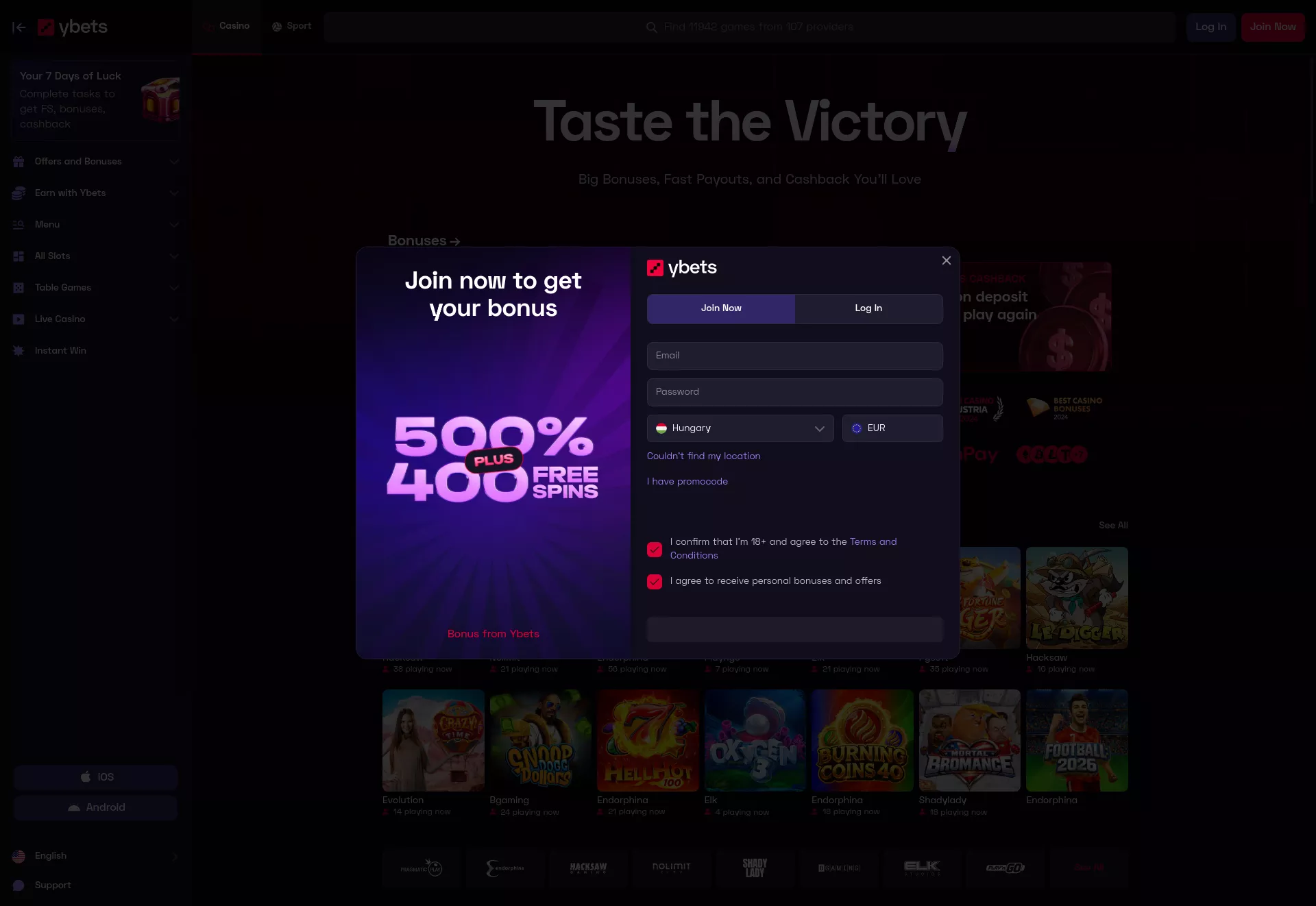 Desktop screen. Ybets Up to €8000 + 400 FS