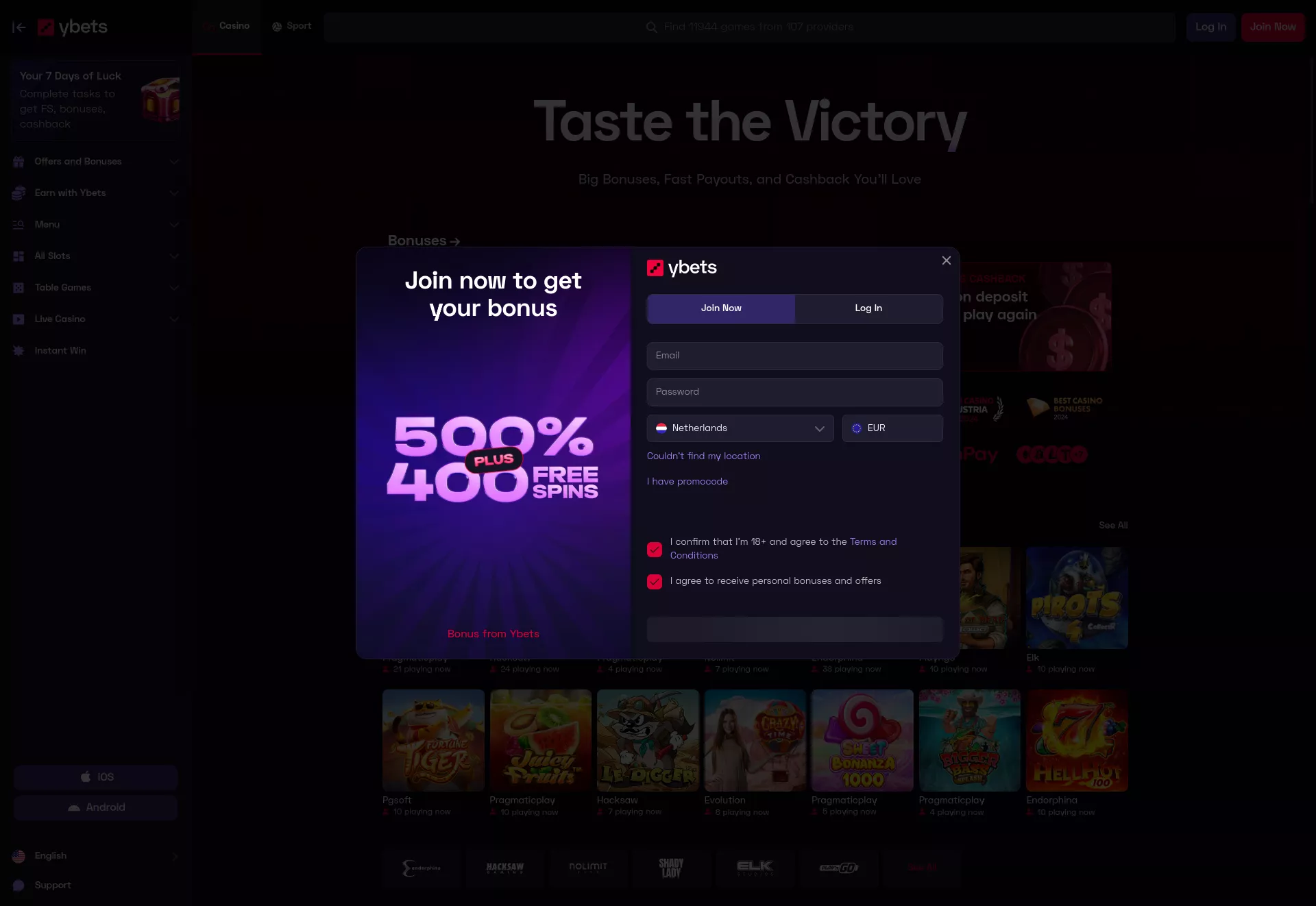 Desktop screen. Ybets Up to €8000 + 400 FS