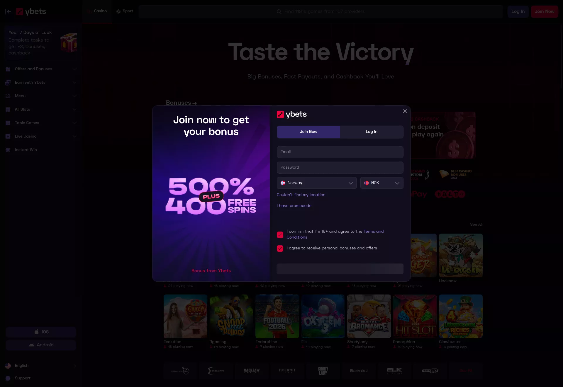 Desktop screen. Ybets Up to €8000 + 400 FS