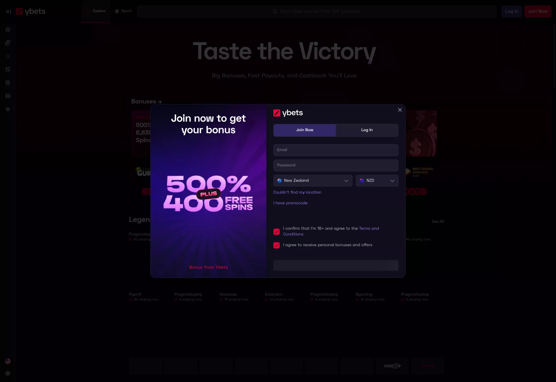 Desktop screen. Ybets Up to $8000 + 400 FS