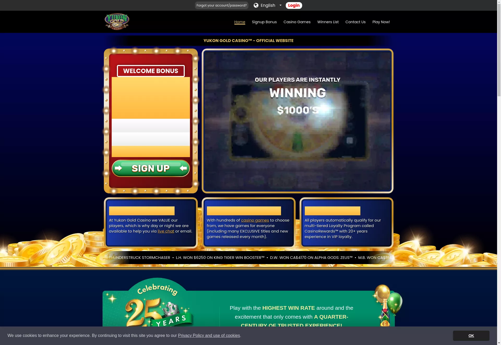 Desktop screen. Yukon Gold Casino 100% up to $150 + 150 FS