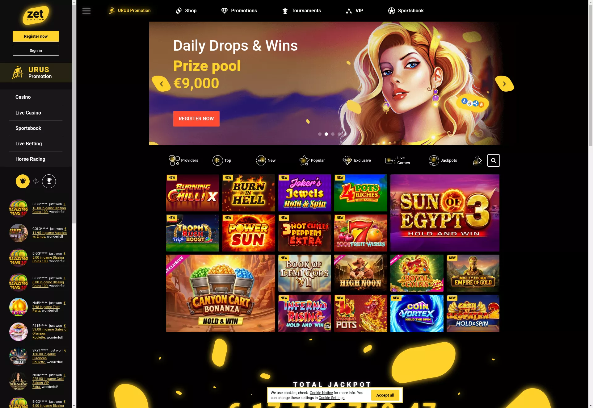 Desktop screen. Zet Casino 100% up to $500 + 200 FS + 1 Bonus Crab