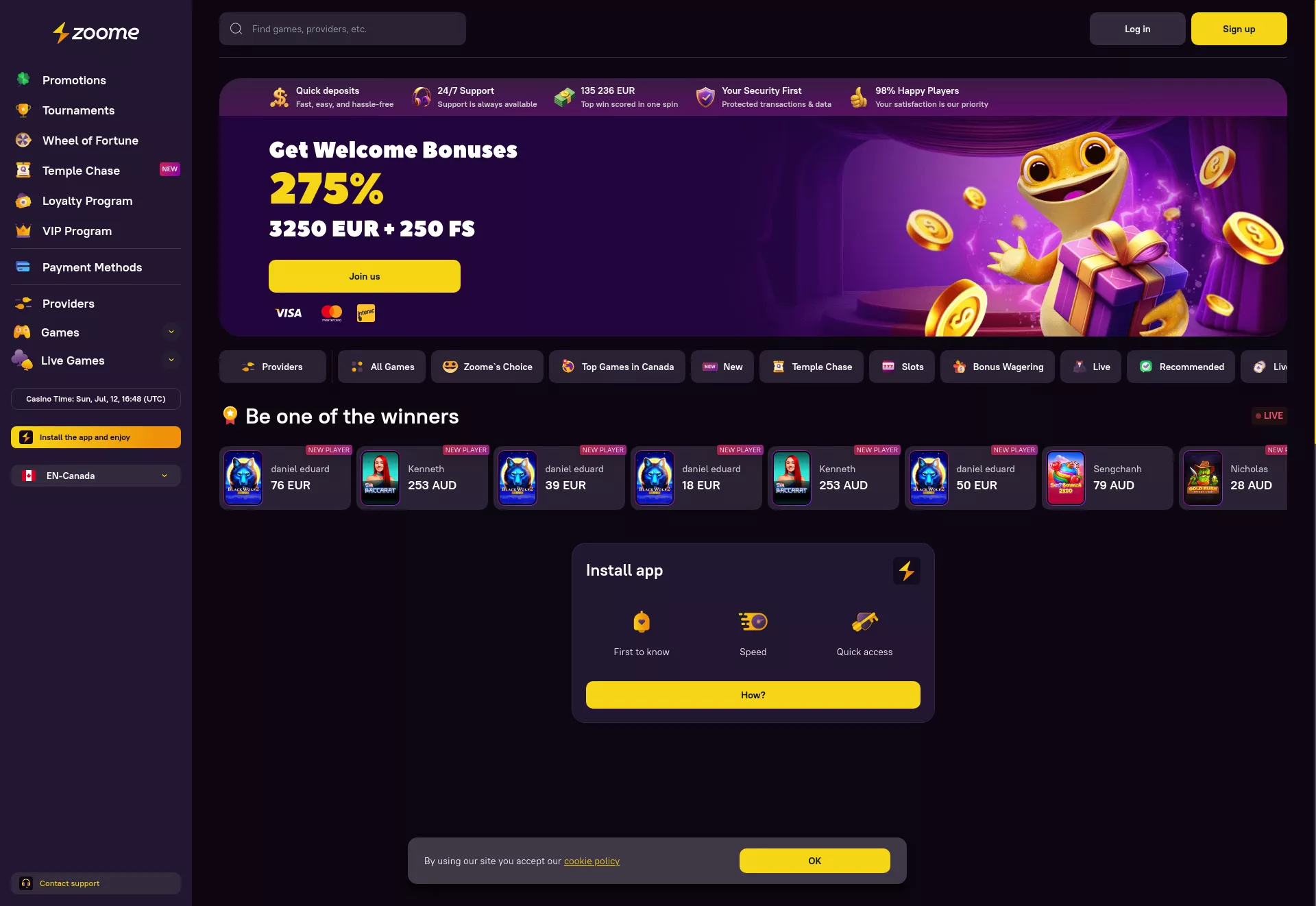 Desktop screen. Zoome Casino Up to $2500 + 250 FS