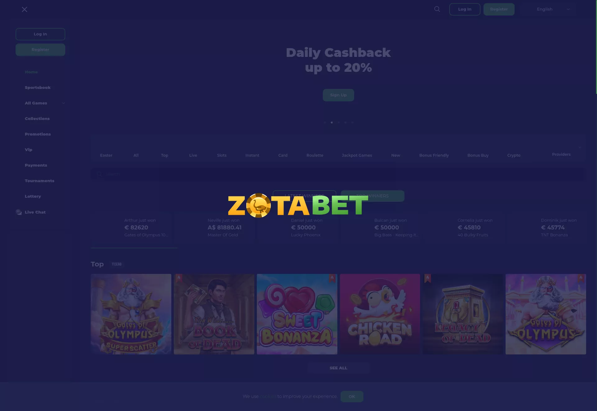 Desktop screen. Zotabet Casino Cashback 20%