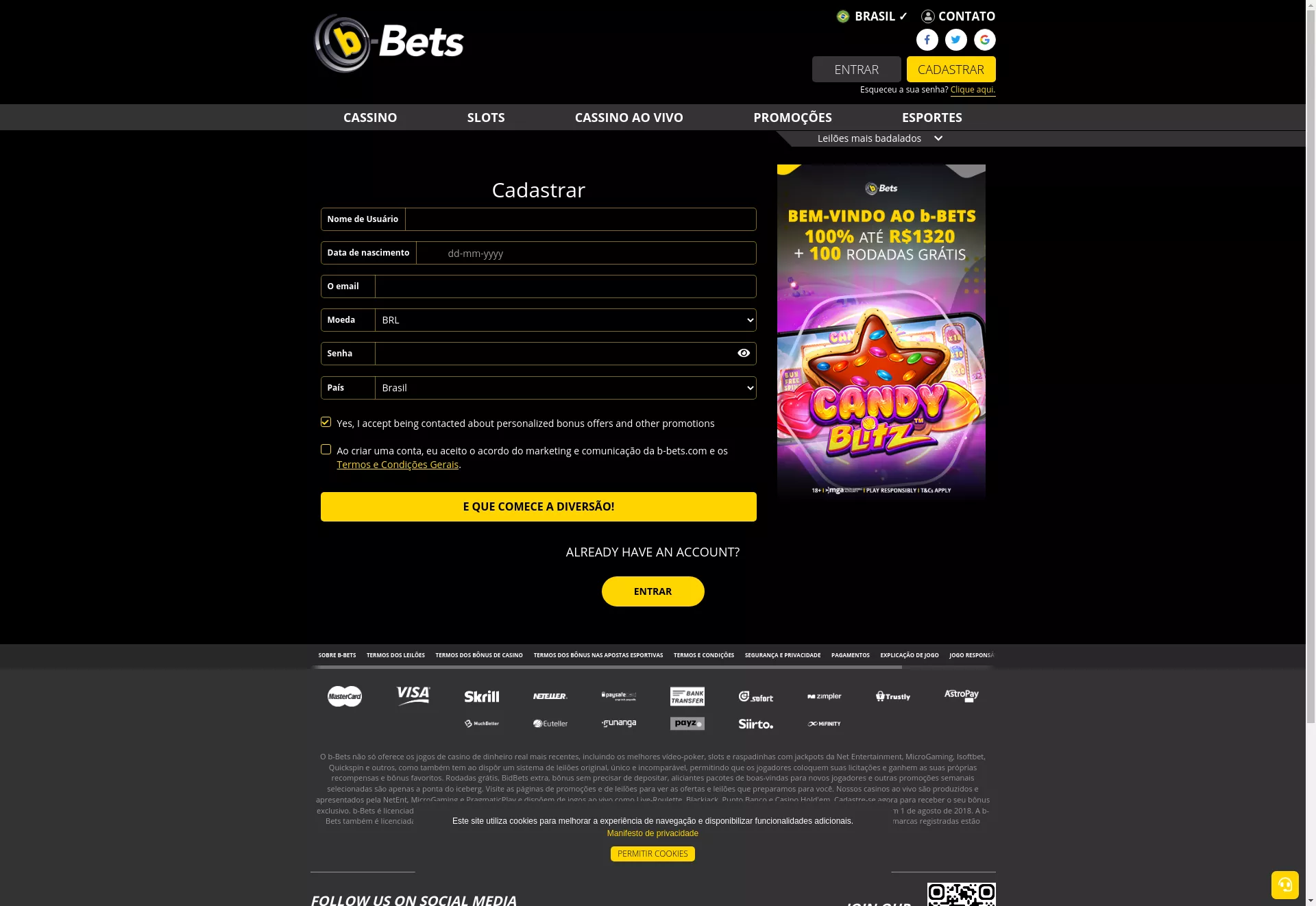 Desktop screen. b-Bets Casino (Slots) Até $3000 + 300 FS