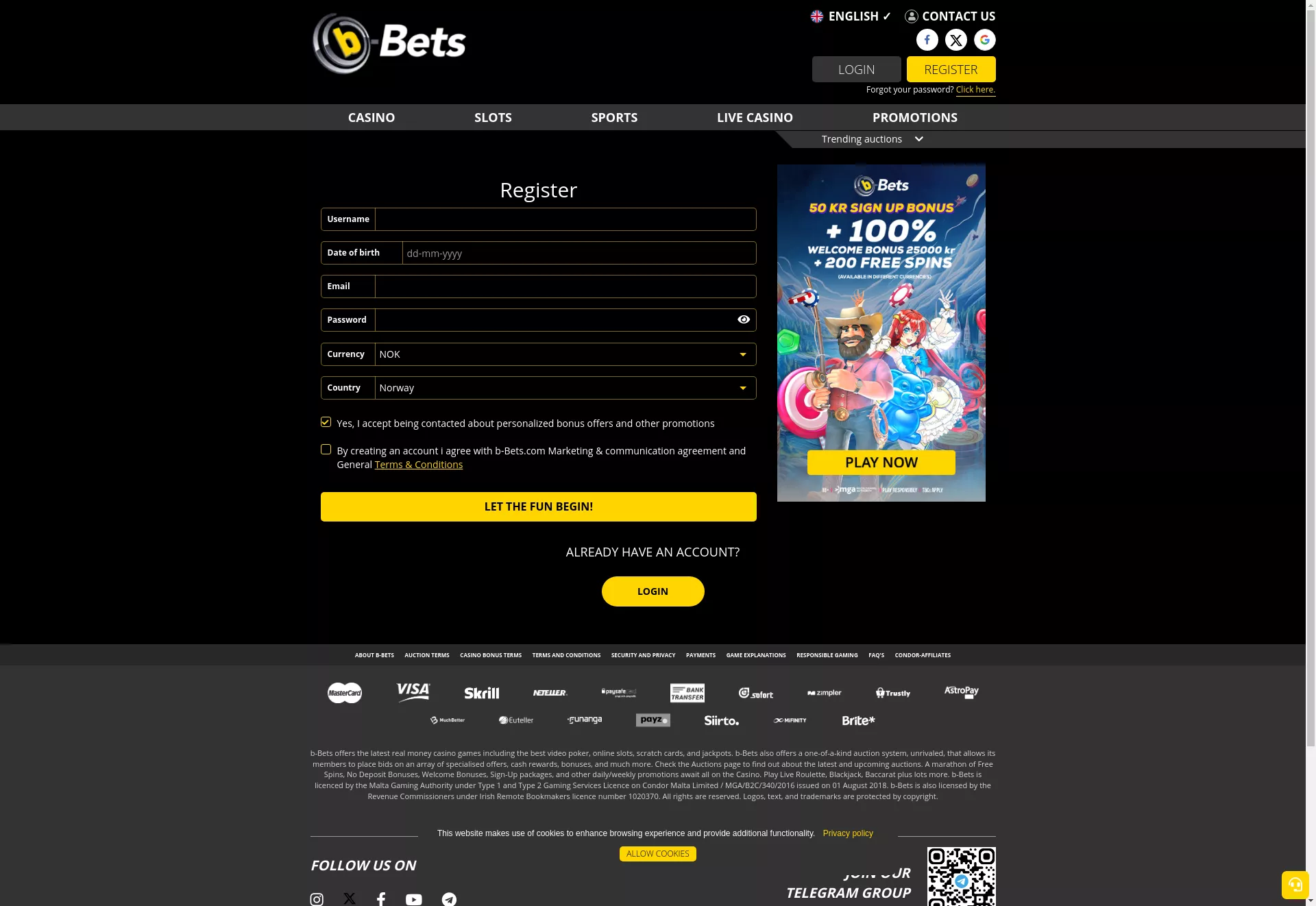 Desktop screen. b-Bets Casino (Slots) Up to kr25000 + 200 FS