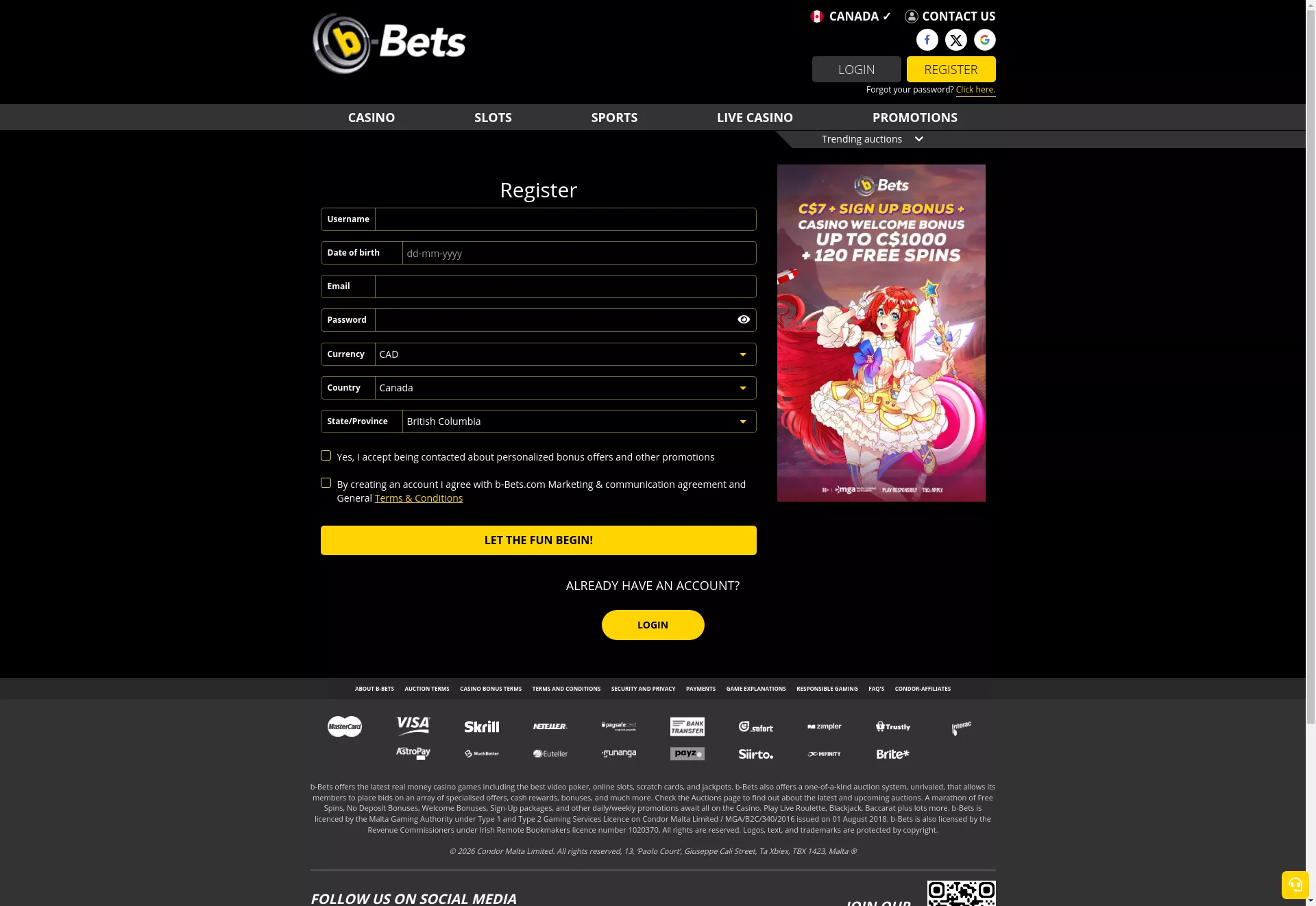 Desktop screen. b-Bets Casino (Slots) 100% up to C$1000 + 120FS