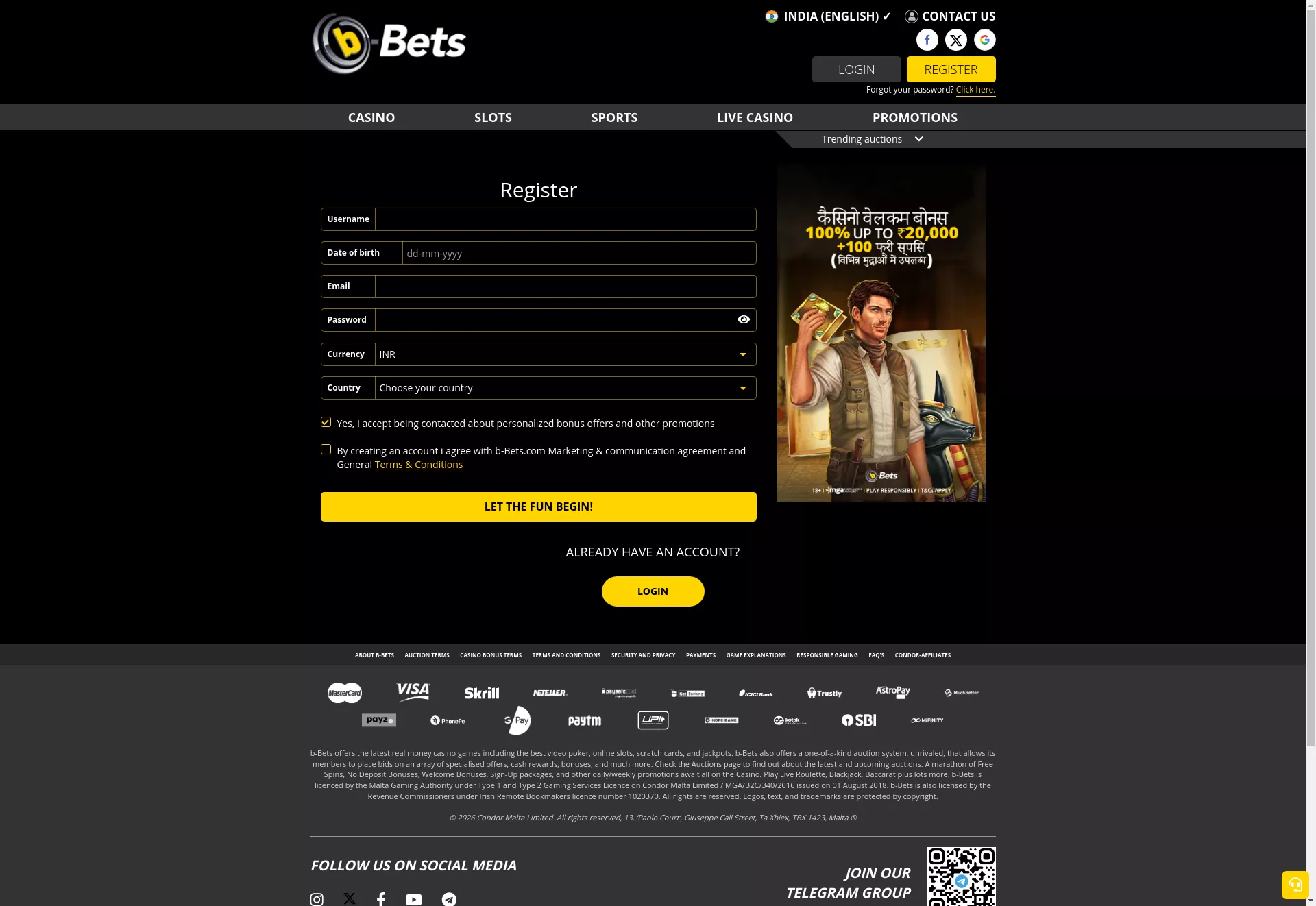 Desktop screen. b-Bets Casino (Slots) Up to $3000 + 300 FS