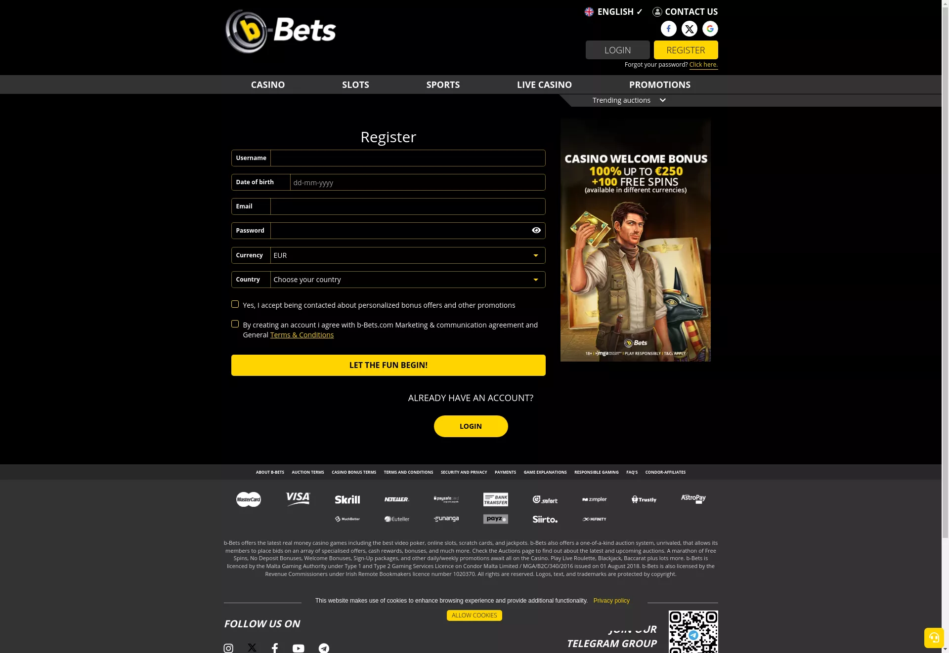 Desktop screen. b-Bets Casino (Slots) 100% up to €250 + 100FS
