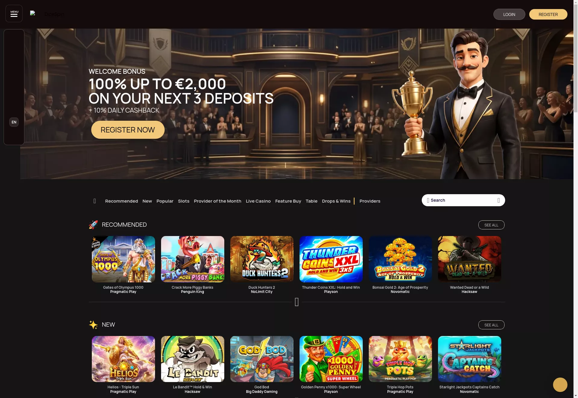 Desktop screen. Dicespin Get 10% Cashback