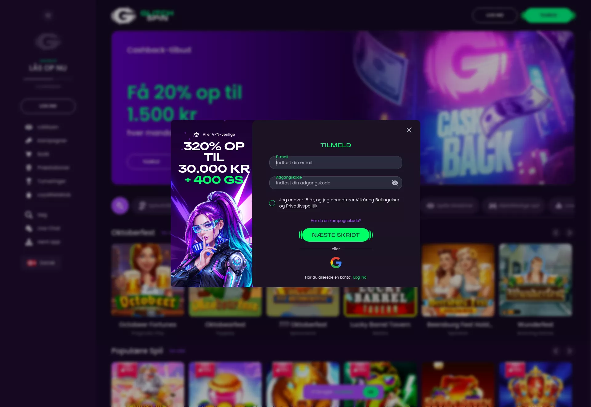 Desktop screen. GlitchSpin Up to €4000 + 100 FS