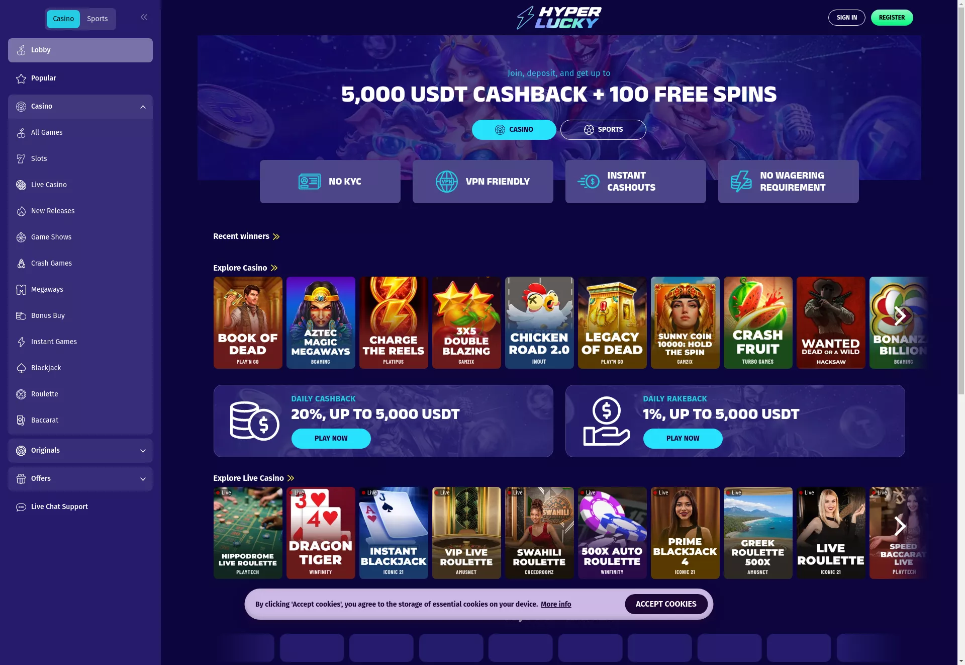 Desktop screen. HyperLucky Get 20% Cashback up to ₮5000