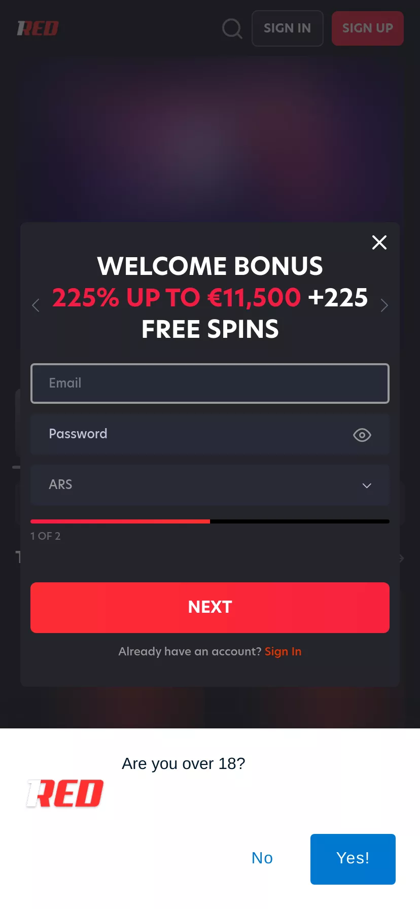 Mobile screen. 1Red Casino Up to $9000 + 100 FS