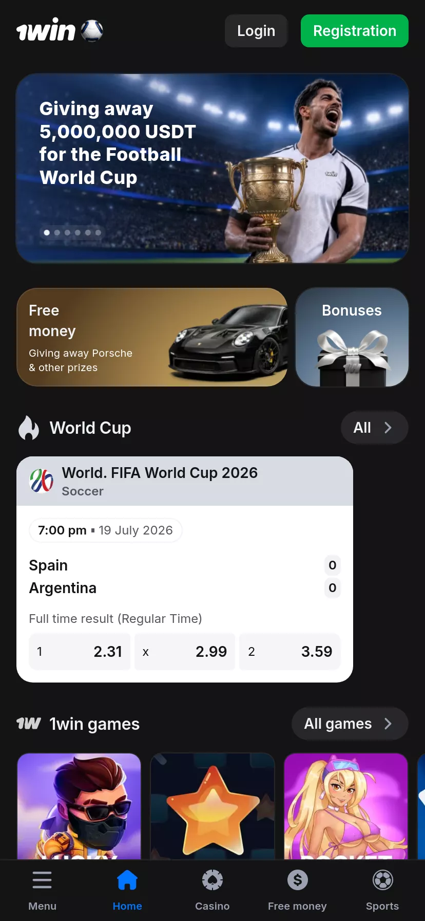 Mobile screen. 1win Até $2000