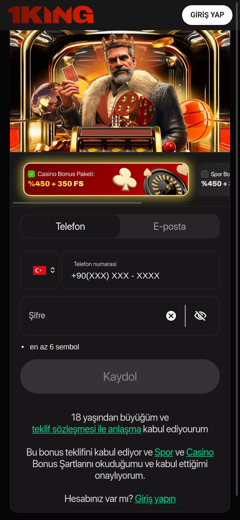 Mobile screen. 1king Up to ₺30000 + 239 FS