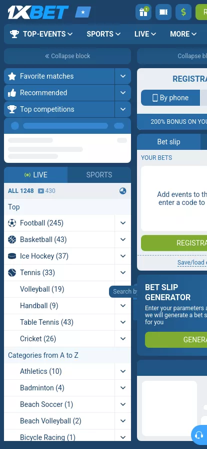 Mobile screen. 1xBet Up to $1500 + 210 FS
