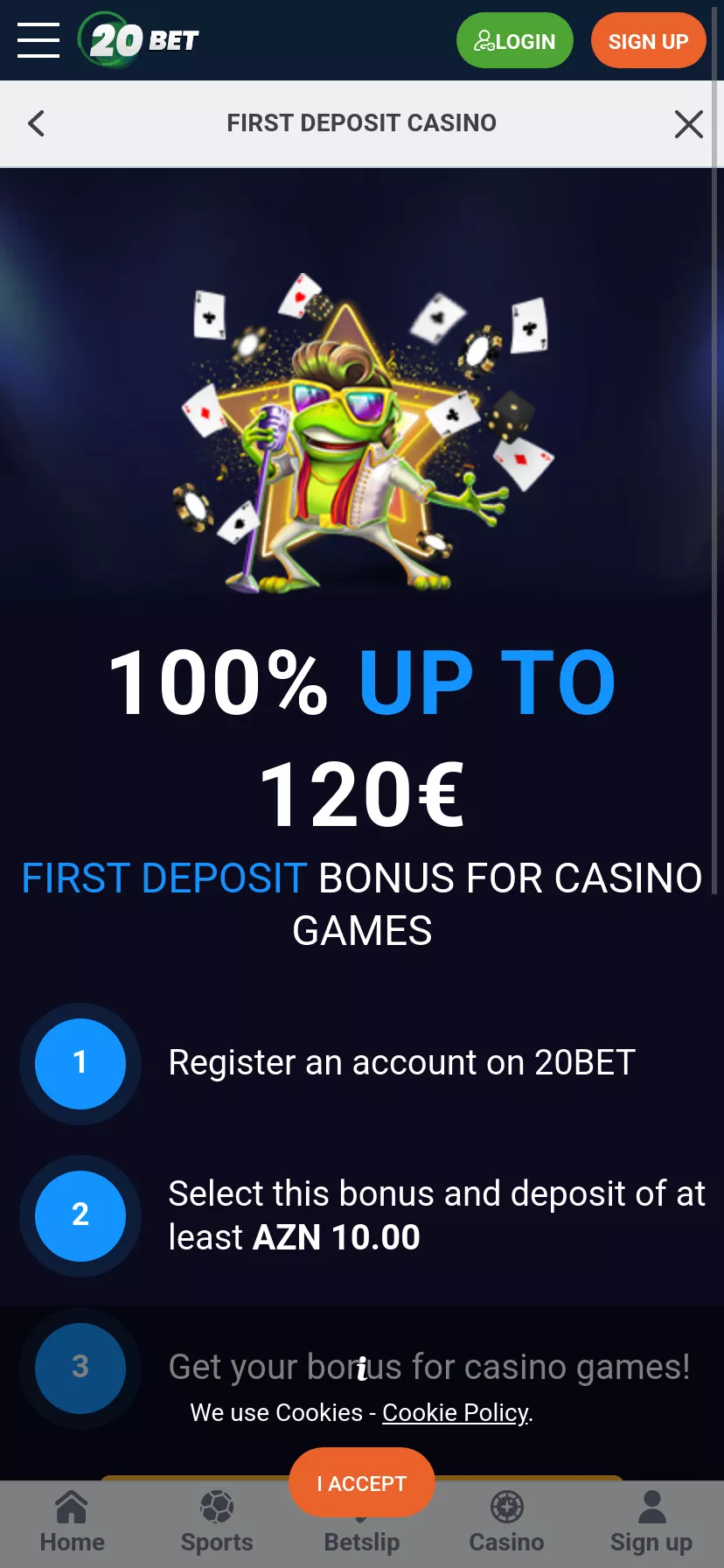 Mobile screen. 20 Bet Up to $220 + 170 FS