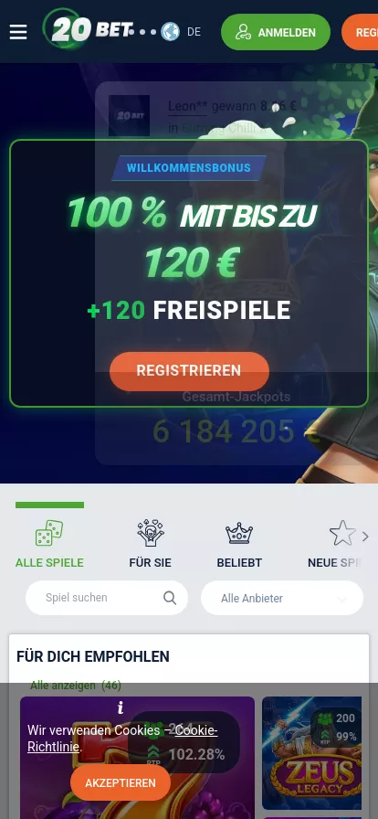 Mobile screen. 20 Bet 100% bis zu €120 + 120 FS