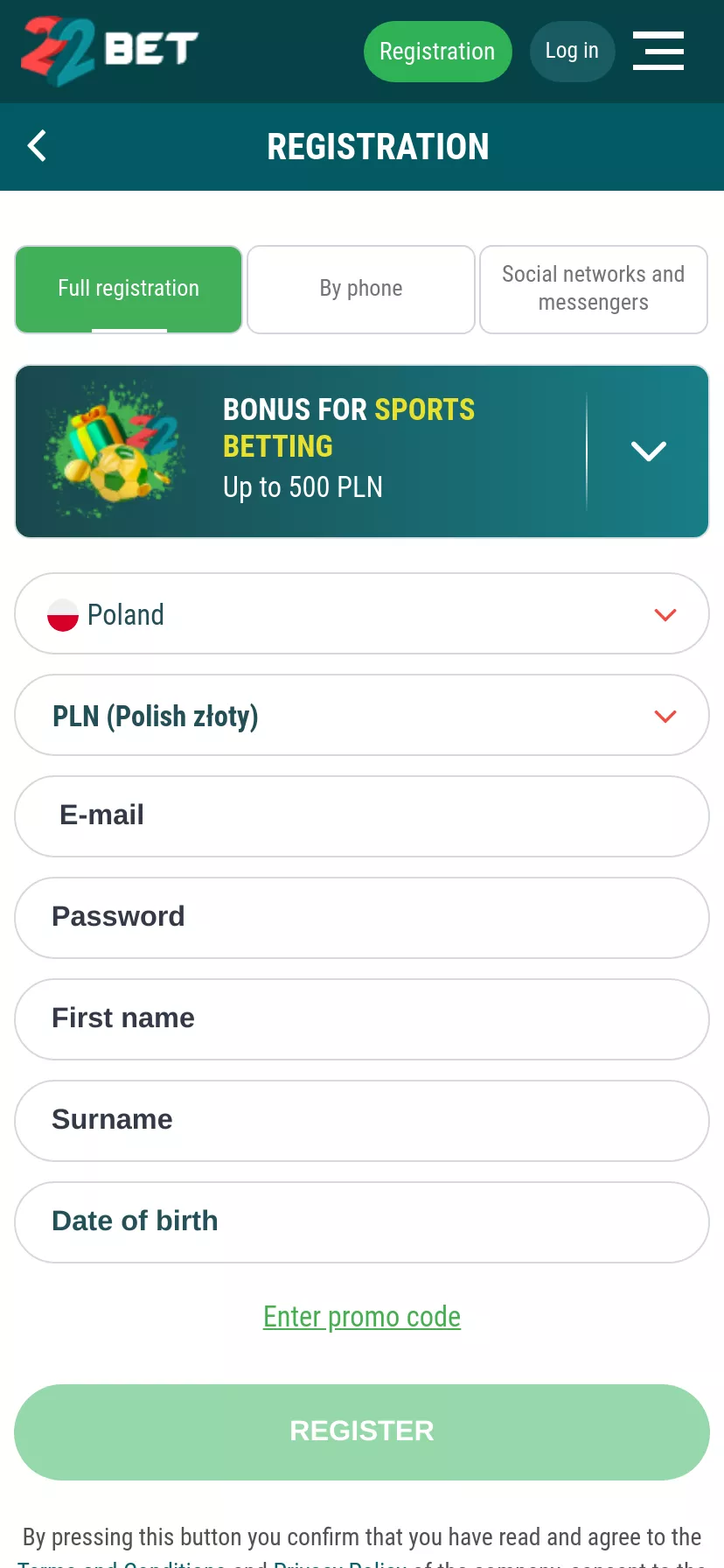Mobile screen. 22 Bet Up to €1500 + 150 FS